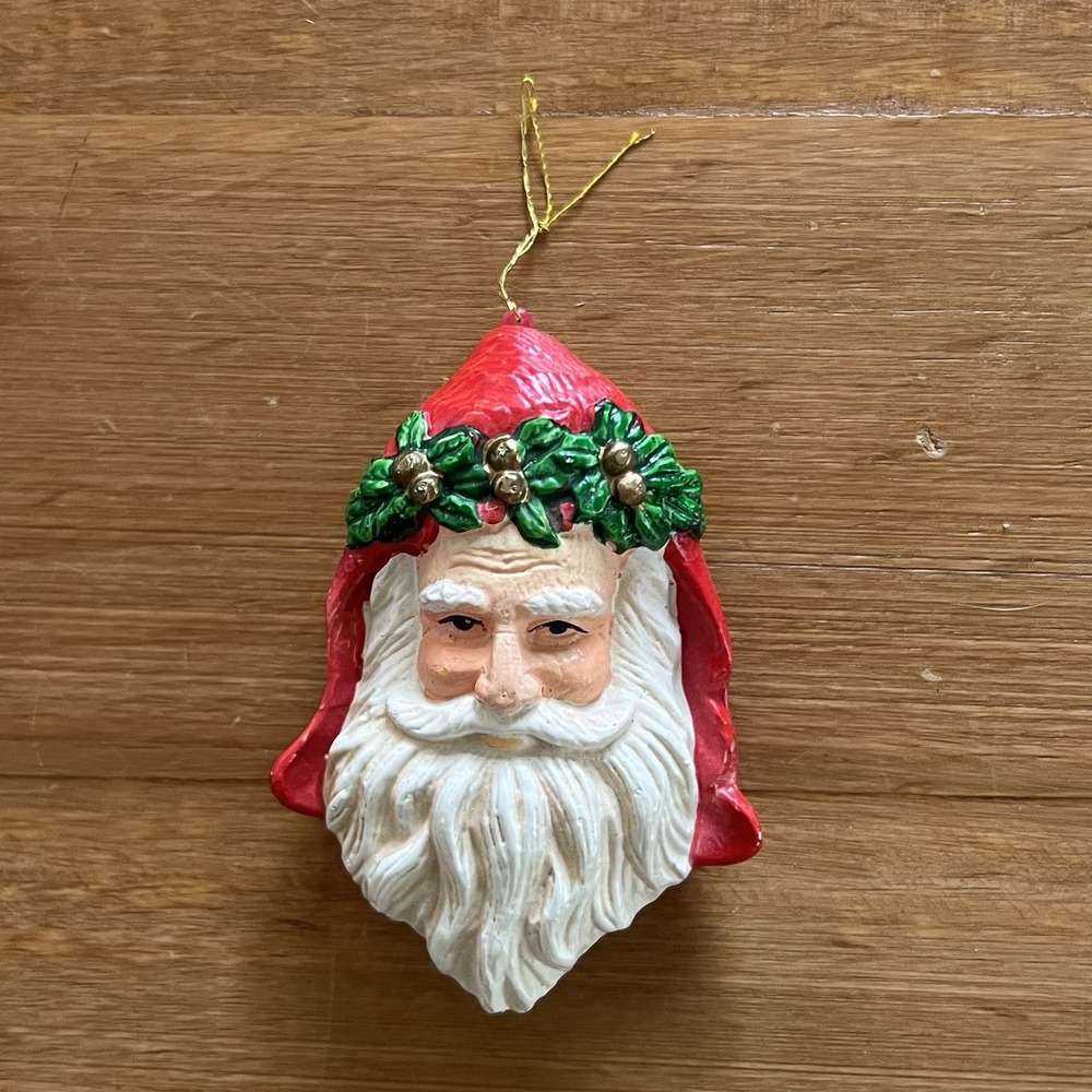 Vintage Plastic Blow Mold Santa Face Christmas Ornament Holly Hood Red 4.5"